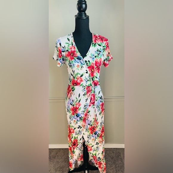 WOMEN’S White Floral V Neck Faux Wrap Midi Dress Size L - Picture 1 of 11